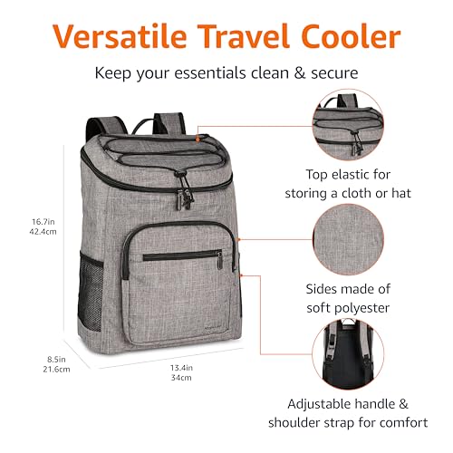 Image of Amazon Basics Insulated Cooler Backpack for Camping and Hiking, Portable Soft Sided Cooler with 30 Can Capacity, Leak-Proof, Water-Resistant, Gray