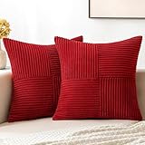 MIULEE Red Corduroy Pillow Covers Pack of 2 Boho Decorative Spliced Throw Pillow Covers Soft Solid Couch Pillowcases Cross Patchwork Cushion Covers for Living Room Bed Sofa 18x18 inch