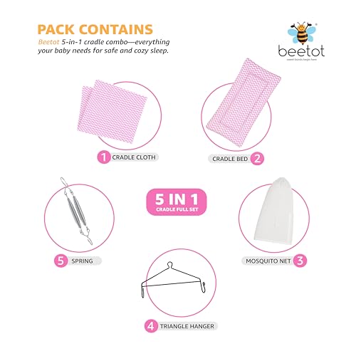 Image of Premium Swing Cradle Set | Cradle Cloth, Padded Bed, Mosquito Net, Heavy-Duty Spring & Triangle Hanger | Up to 15 kg | Pink