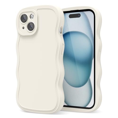 oakxco Silicone Case for iPhone 15 Plus Case Wavy Edge, Cute Curly Wave Frame Ripple Trendy Design Girly Phone Case for Women, Y2k Aesthetic Plain Soft Rubber & Camera Cover Protection, Beige White