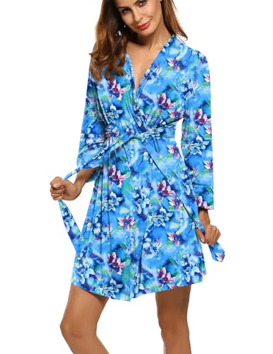 Image of HOTOUCH Women Lightweight Robes Knee Length Summer Sleepwear Lounge Robe Blue Floral S