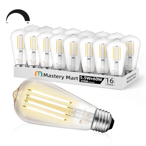 Mastery Mart Dimmable Vintage Edison Light Bulbs, Pack of 16, 2700K Soft White, 5.5W, Equivalent 60W, E26 LED Bulb with 90+ CRI, ST19/ ST58 Clear Glass Antique Filament Edison Style by MASTERY MART - Used condition - CA$37.38