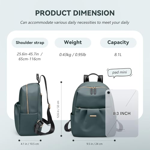 GOLF QUALITY Mały plecak dla kobiet uroczy plecak torebka stylowy plecak na uczelnię do pracy w podróży, ciemnozielony, 9.7 Inch