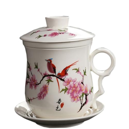 Tasse de Thé en Céramique Ensemble 4 Pièces avec Infuseur, Design Vintage Floral de Pêche Idéal pour Cadeau d’Affaires