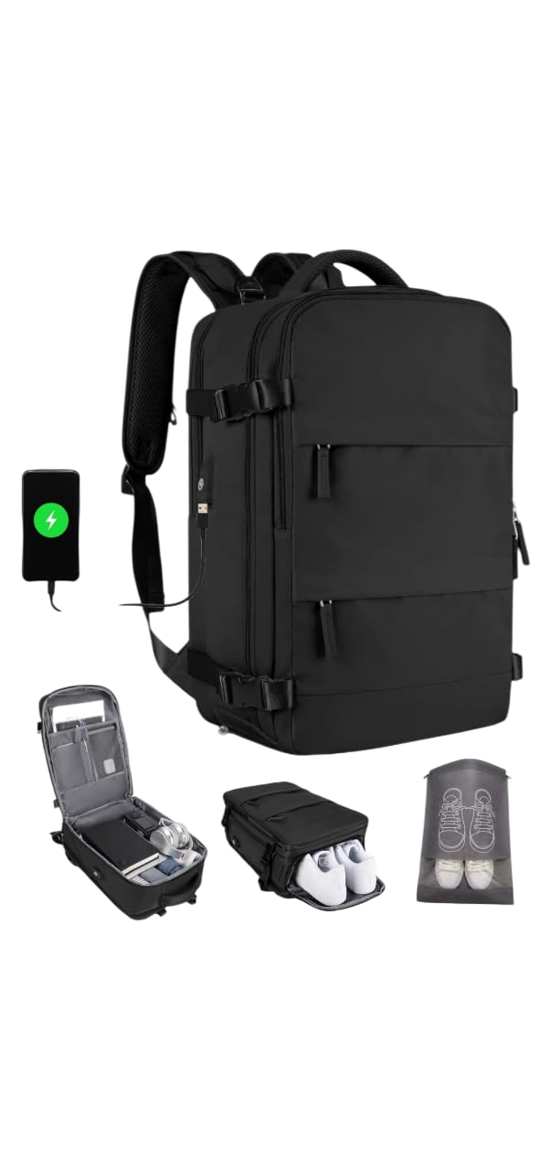 Mochila Viaje Cabina Avion 40x20x25 compatible con Aerolineas Maleta Cabina con apertura 180°, puerto USB y compartimentos organizados Mochila Viaje ligera impermeable Mochila Mujer (Negro)
