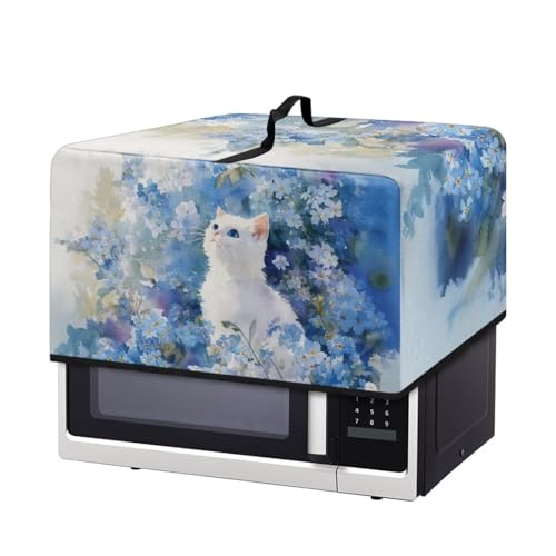 Image of Convection Oven Cover, Dust Proof Smart Microwave Oven Protector for Countertop Decorations, S, 18.25 x 14.5 x 11 Inches, White Cat Blue Flower