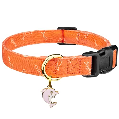 Cotton Dog Collar Orange Fish with Pendant Cute Dog Collar M