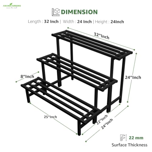 Image of Anandi Greens Black Heavy Duty 3 Tier Metal Plant Stand for Grow Bags Planters and Pots Rust Resistant Iron Plant Pot Holder Rack for Outdoor Balcony Indoor Living Room and Garden Supports Up to 200 kg