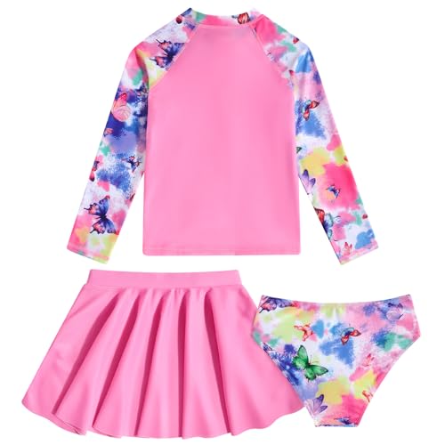 Image of Girls Rash Guard 3 Piece Swimsuit Set UPF 50+ Long Sleeve Swim Skirt Sets Size 6-12 Years