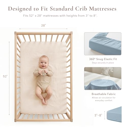 Image of Konssy Muslin Crib Sheets 2 PCS, 100% Cotton Baby Crib Sheets for Standard Crib Mattress (28 inchx 52 inch), Soft and Breathable for Boys, Girls (Blue Whale,Blue)