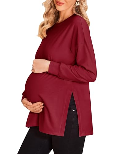Ekouaer Women Maternity T-Shirts Long Sleeve Split Side Pregnancy Tee Tops Tunic Blouses Wine Red XL