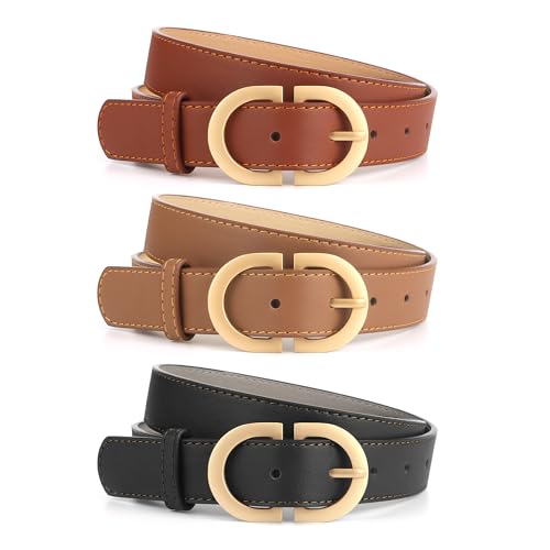 YiliYa Lot de 3 Ceinture Femme Classique Ceinture en Cuir,Ceintures en Cuir Tendance pour Femme avec Boucle Dorée Réglable Elégantes Belt pour Pantalons Jeans Noir/Marron/Beige