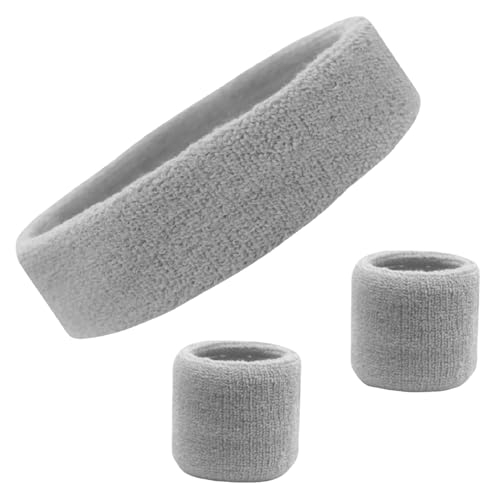 Kenz Laurenz Sweatband Set Cotton Sports Headband Terry Cloth Wristband Moisture Wicking Sweat Absorbing Head Band Athletic Exercise Basketball Wrist Sweatbands and Headbands (Gray)