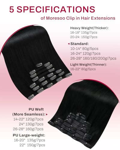 Image of Moresoo Black Clip in Hair Extensions Human Hair, 14Inch Seamless PU Weft | Hair extensions clip ins, 14inch 120g 7pcs, jet black, for fine hair beginners and daily wear, adds soft natural volume