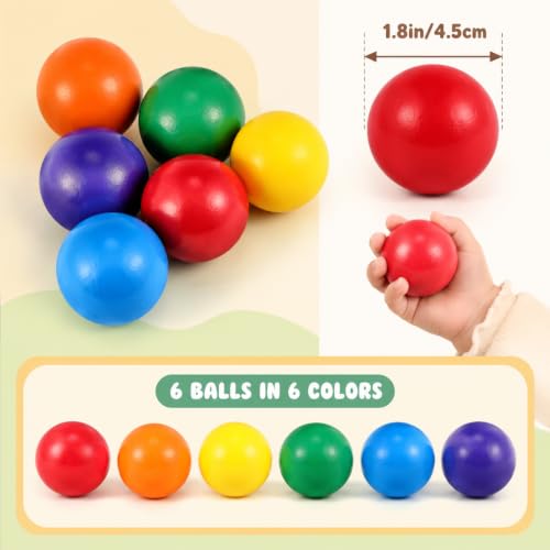 Image of Bucherry 6 Pcs Montessori Wooden Balls 1.8 Inch Wooden Replacement Ball Educational Counting Toys Preschool Learning Material and Stacker Matching (Bright Color)