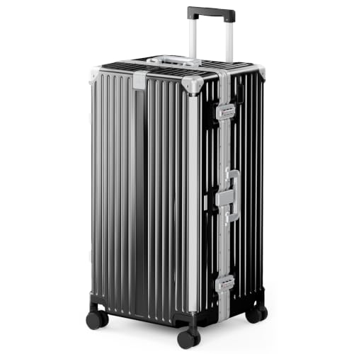 Image of ALPHA CAMP Trunk Luggage 30 Inch with Aluminum Frame Zipperless Suitcase | Large Checked Thickened 3-Layer PC Hardshell with TSA Lock,Charging Port,Cup Holder and Spinner Wheels for Extended Travel