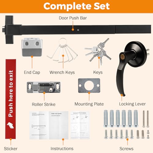 BEAMNOVA 32 in 2-in-1 Commercial Door Push Bar Panic Exit Device Exterior Lever Allen Key Lock Set Roller Strike Plate End Cap, for 32.5 to 47.2 inches Wide Door, Black by BEAMNOVA - Image 2