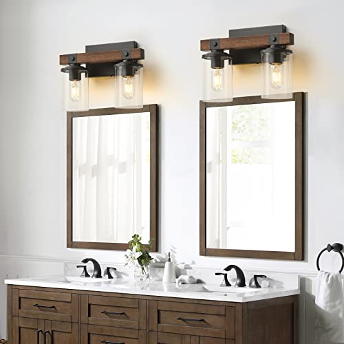 Farmhouse Vanity Lights For Bathroom， Wooden Rustic Vanity Lighting Fixtures 2-Light Bathroom Lights Over Mirror Vintage Wall Sconce Lighting With Clear Glass Shade For Bedroom Hallway Kitchen #TOP4