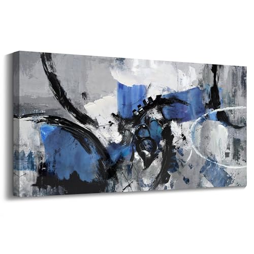 Image of Large Abstract Wall Art - Canvas Wall Art in Blue and Black Tones, Framed Gray Artwork for Living Room, Bedroom, and Office Decorations for Work - Modern Wall Decor and Pictures