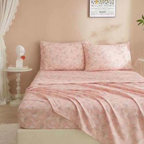 Boho Pink Floral Sheets Set Twin Size Bed Sheets Cooling Soft Botanical Flower Sheets & Pillowcase Wrinkle Free Sheets with 16
