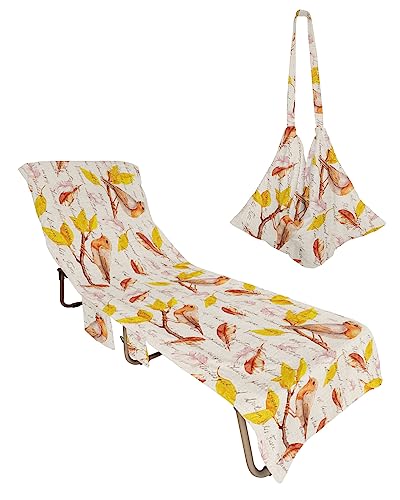 Fall Birds Beach Chair Towel Covers for Chaise Lounge with Side Pocket, Soft Plush Pool Towels Cover for Patio Sunbathing Outdoor 29''x85'' Watercolor Gold Brown Autumn Leaves Burlap