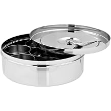 Stainless Steel Belly Shape Masala Spice Box/Dabba/Organiser with See Through Lid with 7 Containers and Small Spoon Size No. 10 17.1cm Dia 1.1 Ltr Capacity