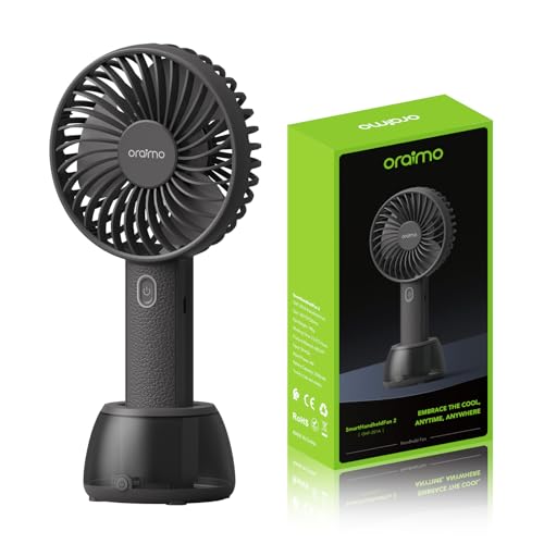 Oraimo Portable Fan & Desk Fan with Base 2-in-1, 17H Battery Life, 3-Speed Cooling, 7 Mood Light Handheld Fan Rechargeable USB-C, Ultra-Light 180g, Small Fan Personal Leather Grain Design Cozy Handle