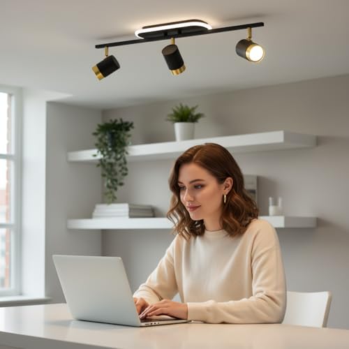 Image of 3-Light LED Ceiling Spotlight | Black & Gold Adjustable Spot Light | 3CCT Warm /Natural /Cool White | Rotating Heads Ceiling Light for Living Room, Bedroom, Hallway & Office (Pack of 1)