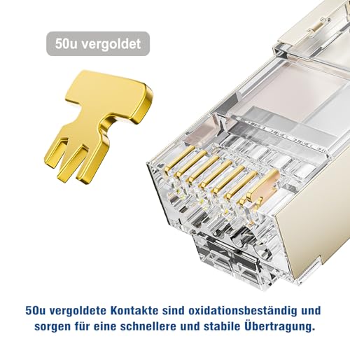 FGB 10Gbps RJ45 Stecker CAT 7 CAT 6A,10er Set Netzwerkstecker, Pass-Through & Geschirmt, 50μ Vergoldet, Lan Stecker für Verlegekabel AWG23 POE