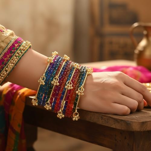 Image of Kashmiri Ghangharoo Glass Bangle Set for Women| Light Weight Bangles | Traditional Transparent Fancy Glass Chudi Set for Wedding, Party|Set Of 16(12 Glass + 4 ghungroo bangles)