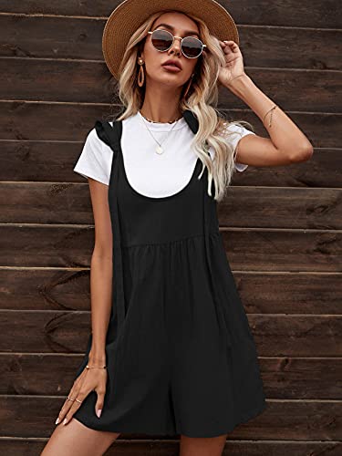 Romwe Women's Tie Shoulder Overall Shorts Scoop Neck Romper Jumpsuit With Pocket Black M #TOP15
