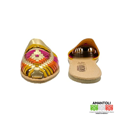 Amantoli Camila Model - Women 100% Artisan Hand Made Mexican Leather Hipster Brown Colorful Closed Toe Sandal Huarache Artesanal - Hecho A Mano Handcrafted In Mexico (Us 7) #TOP3