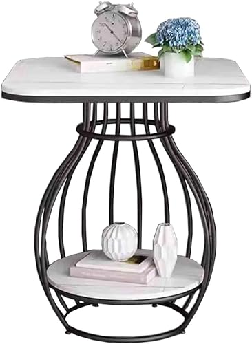 Image of CROWN ART SHOPPEE Modern Side Table Corners Living Room Square Table Double Tier Sofa Side Table,Round Base Coffee Table,Portable Bedroom Nightstands Small Space-Black White