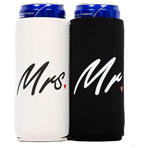 QualityPerfection Mr & Mrs Slim Can Cooler Sleeves (2 Pack) Insulated, Beer / Energy Drink Neoprene 4mm Thickness Thermocoolers for 12 oz Tall Skinny Beverage (Mr & Mrs with Hearts ) Cover
