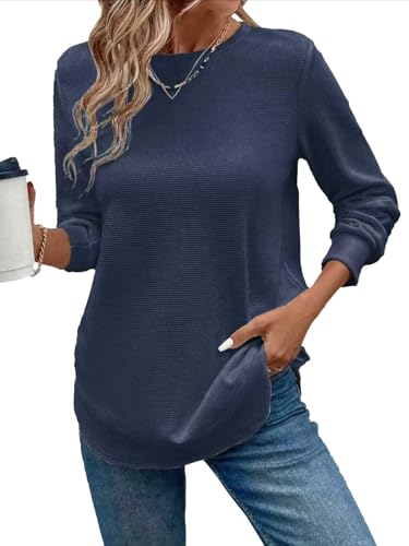 Kenhansion Sweatshirt for Women Trendy Long Sleeve Crewneck Pullover Tops Causal Loose Fit Tunic Blouse Fall Clothes Shirts (Dark Blue,Medium)