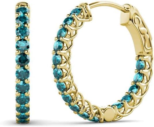 Simulated London Blue Topaz Inside-Out Womens Hoop Earrings In 925 Sterling Silver 14K Yellow Gold Finish