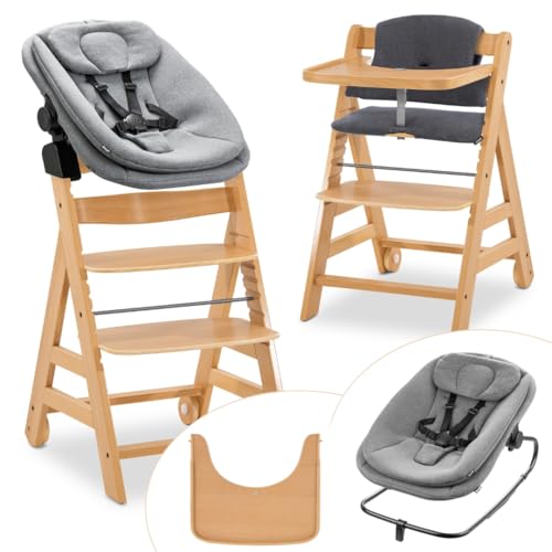 hauck Hochstuhl Alpha Move Newborn Set 3in1 Highchair Bouncer - mitwachsender Holz Babyhochstuhl ab Geburt, inkl. Neugeborenenaufsatz, Sitzpolster und Essbrett