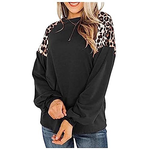 Canbebig Womens Leopard Print Long Sleeve Shirts Fall Casual Crewneck Color Block Sweatshirts Relaxed Fit Pullover Tops