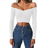 ZhiWanTing Frauen Langarm Party Oberteil Bustier Schulterfrei Bauchfrei Crop Tops Weiß S