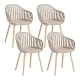 GrandCA HOME Juego de 4 Sillas Modernas de Comedor y Cocina con Reposabrazos y Cojines, Respaldo Hueco Vertical y Patas de Madera para Sala, Balcón y Oficina - Caqui-MT