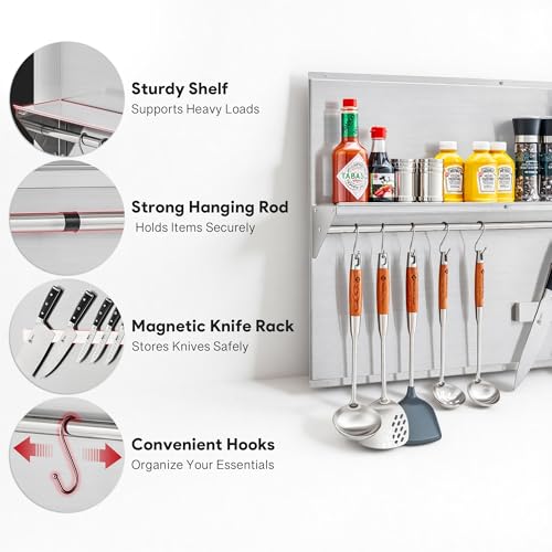 Image of Wilprep Stainless Steel Stove Backsplash, 36 inchx24 inch Range Hood Backsplash with Storage Shelf Magnetic Knife Rack, Range Backsplash with Predrilled Holes, Stainless Steel Backsplash for Stove Range Hood