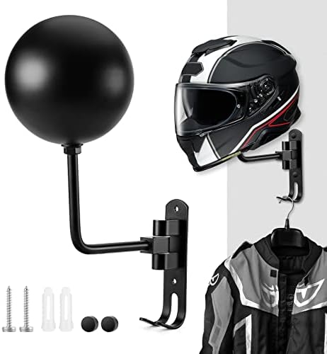 PAHTTO Motorcycle Helmet Holder, Helmet Rack Wall Mount 180 Degree Rotation Helmet Hanger with Double Hook for Coats, Caps, Hats, Motorcycle Accessories