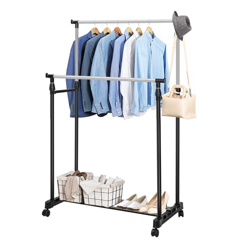 M.J COMFY-LIFE Clothes Rail with Wheels Extendable Clothes Rack Small Portable Clothing Rail for Bedroom Hanging Rail Adjustable Dress Coat Rack Tidy with Storage Stand (Black, Double rail)