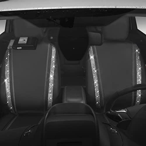 Image of CAR PASS Leather Bling Diamond Car Seat Cover 2 Front Interior Sets, Waterproof Universal Shining Glitter Crystal Sparkle Fit for 95% Automotive Truck SUV Cute Women Girl, Black Silver Rhinestone