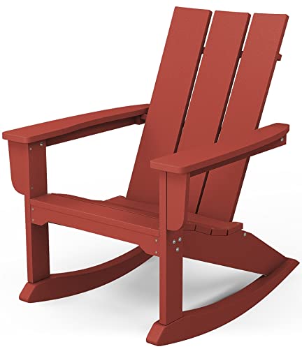 KINGYES Rocking Adirondack Chair ｜Modern Porch Rocker｜Weather Resistant Rocking Chair｜HDPE Curved Backrest Plastic Adirondack Rocker for Outdoor, Patio, Deck, Backyard - Red