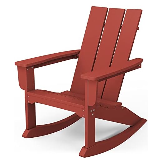 KINGYES Rocking Adirondack Chair ｜Modern Porch Rocker｜Weather Resistant Rocking Chair｜HDPE Curved Backrest Plastic Adirondack Rocker for Outdoor, Patio, Deck, Backyard - Red