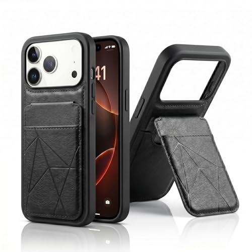 Image of amazon basics Premium Vegan Leather Back Cover with Card Holder and Integrated Mobile Stand for iPhone 17 Pro - Slim Shockproof Wallet Case with Geometric Stitching [Black]
