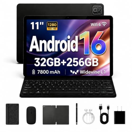 Image of Android 16 Tablet 11 inch, 32GB RAM 256GB ROM 1TB TF Expand, WiFi 6 Bluetooth 5.4, HD IPS Screen, 7800mAh Battery, Dual Camera 5MP 8MP, Face Unlock, Keyboard Stylus Mouse 2in1 Black