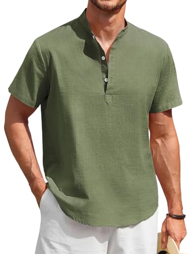 Enlision Camisas Lino Hombre Manga Corta Sin Cuello Mao Camisa Ibicenca para Hombres Verde Oliva Verano Casual Camisetas con Botónes Playa Ropa XXL