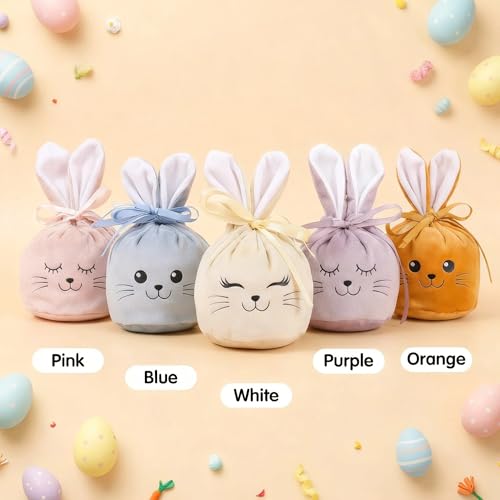 Ostertasche 5 Stück aus Samt mit Ohren, Wiederverwendbare Osterbeutel & Osternester zum Befüllen, Osterkörbchen im Hasen-Design als Alternatives Osternest